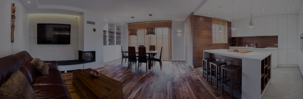 Panorama of wooden modern lounge connected with kitchen